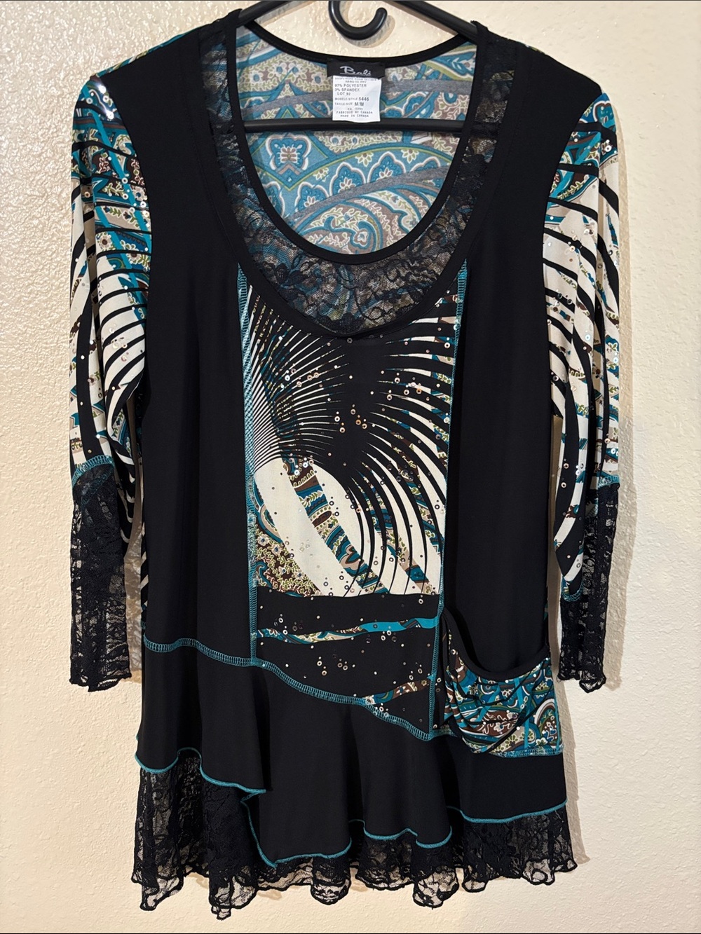 Bali Black, Teal & Cream Paisley Lace-Trim Tunic